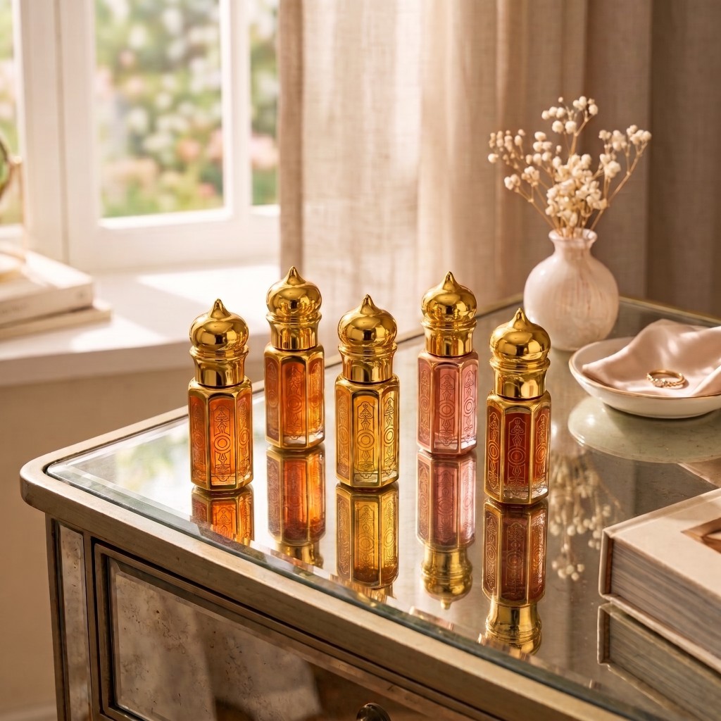 Cinq flacons AUREA, extraits purs inspirés des grands parfums internationaux, sur une coiffeuse en verre